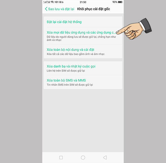 Chọn xóa mọi dữ liệu
